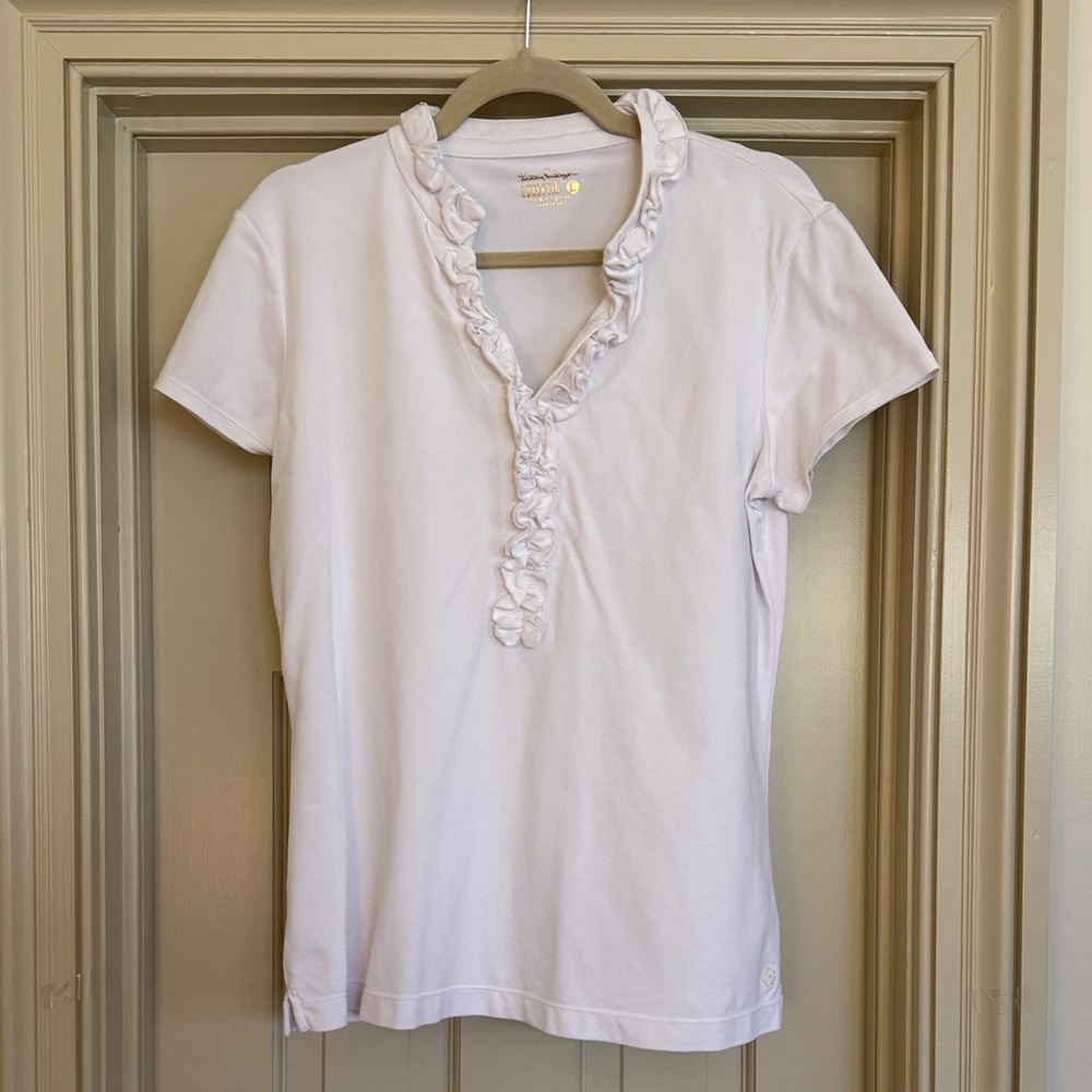 Lilly Pulitzer White Luxletic Polo with Ruffle Detail. Size L